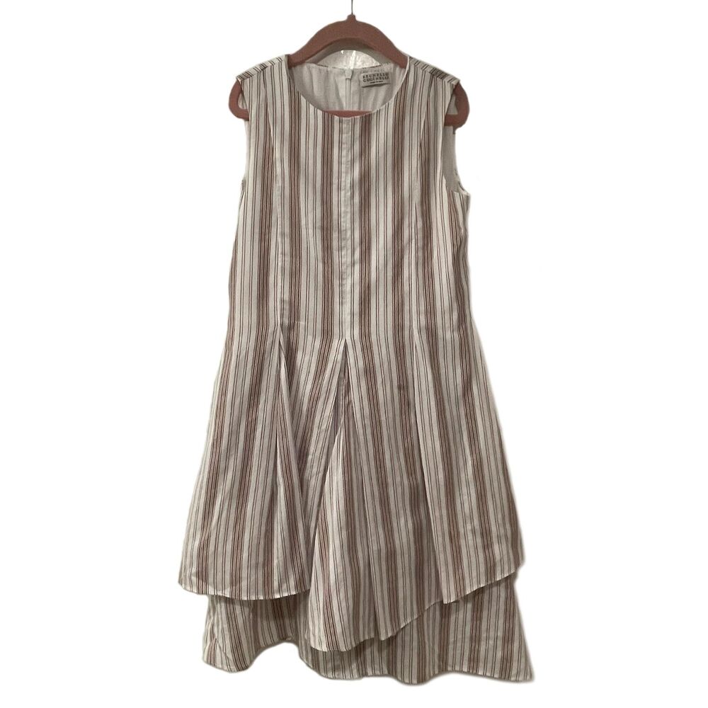 Brunello Cucinelli Kids Silk Blend Sleeveless Tiered Striped Shift Dress White 8